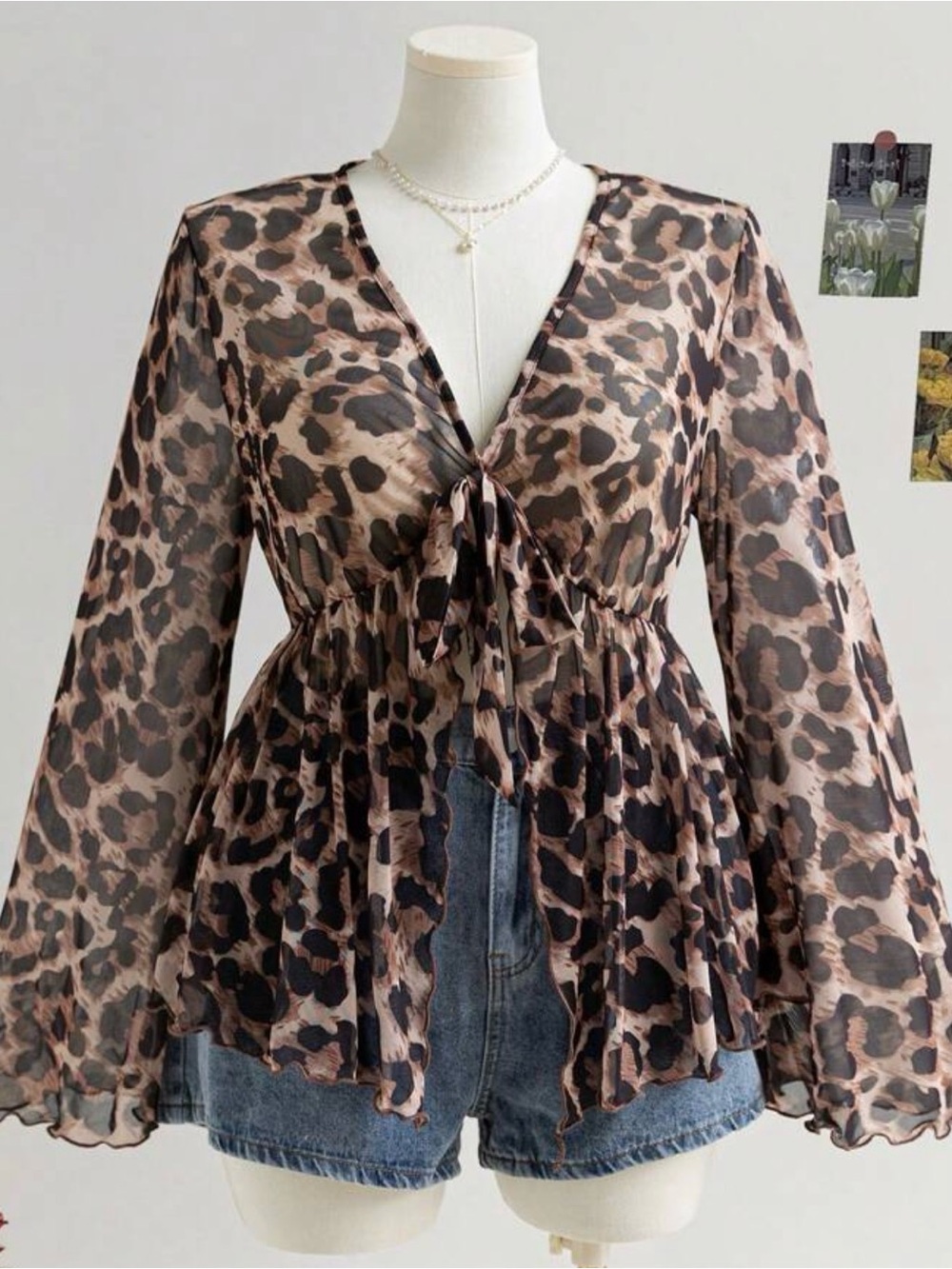 NWOT BOUTIQUE Womens Brown Leopard Tie-Front Sheer Blouse